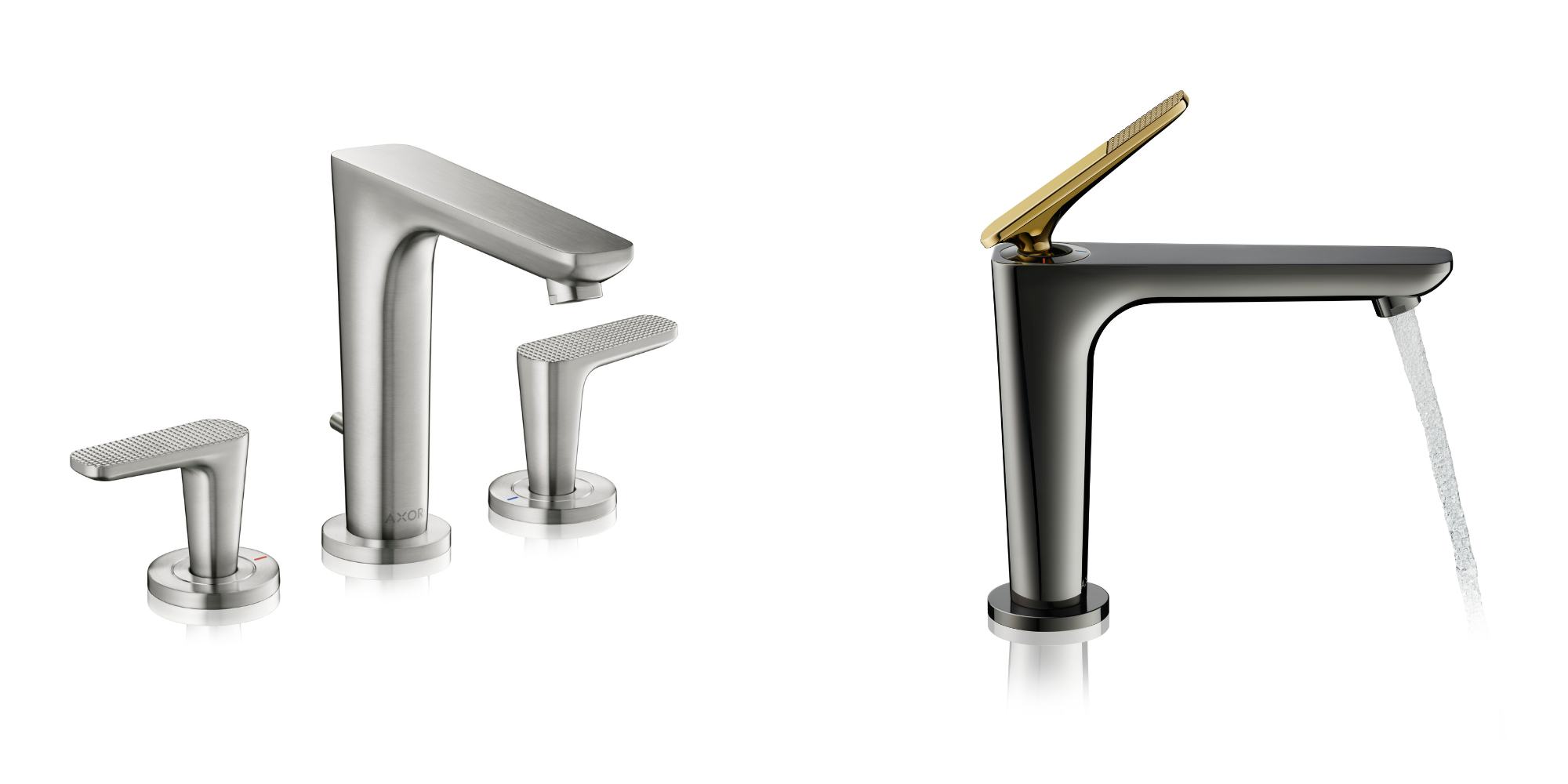 Full cubic-cut pattern on two-handle models is standard (left), partial pattern and temperature indicator on the one-handle model. Other patterns and surfaces are available via AXOR Signature Service and AXOR FinishPlus, respectively