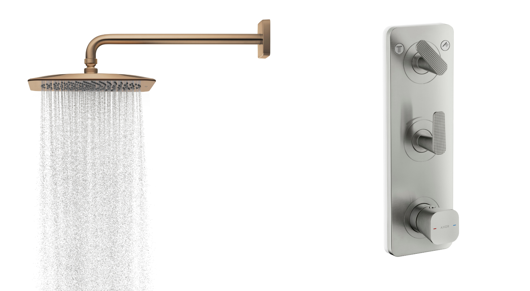 Overhead shower has standard (left) and EcoSmart flow rates, and thermostatic modules with a plate