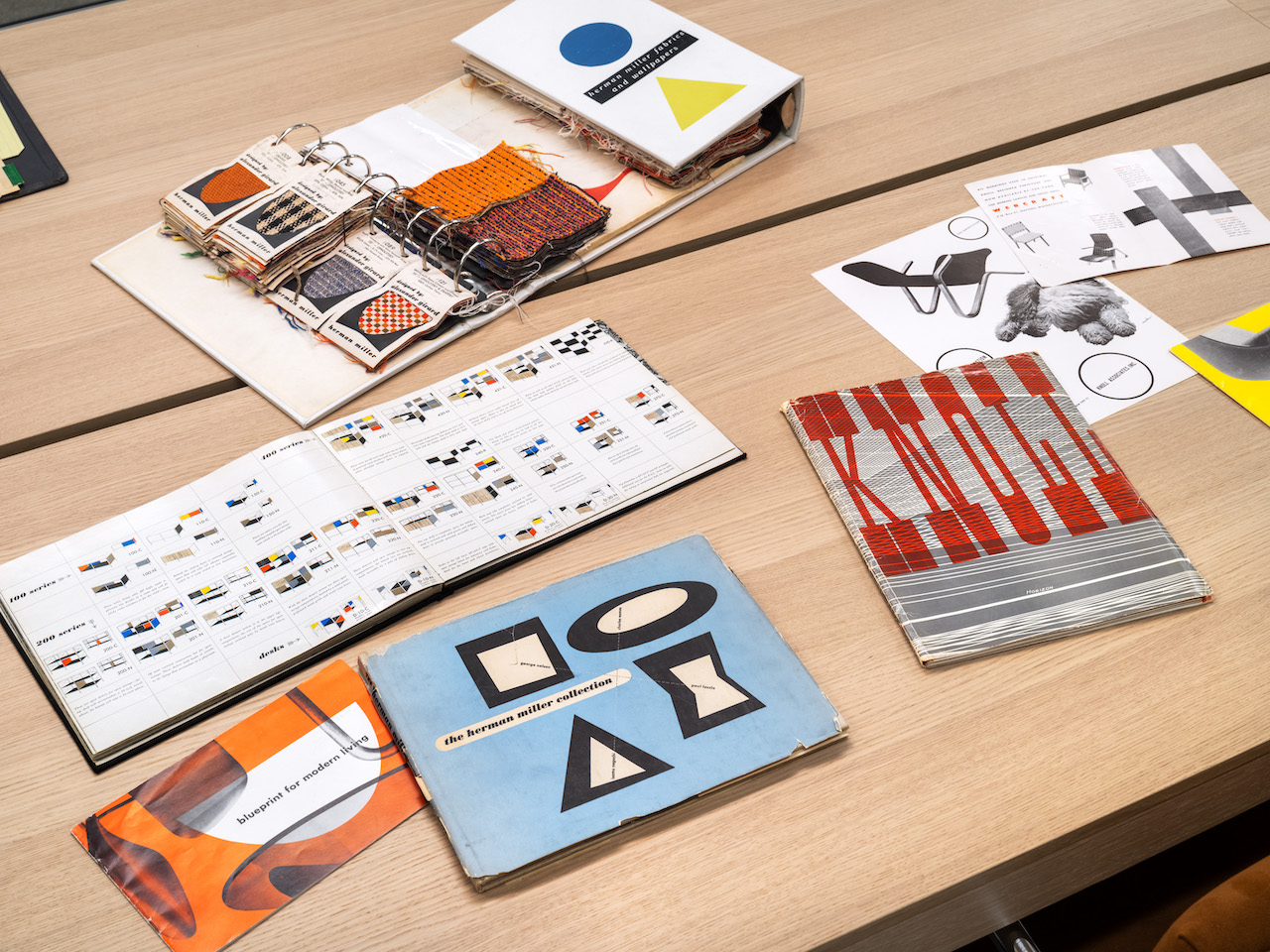 rchival materials including product catalogs and fabric samples from Knoll and Herman Miller, 1940s-1950s.