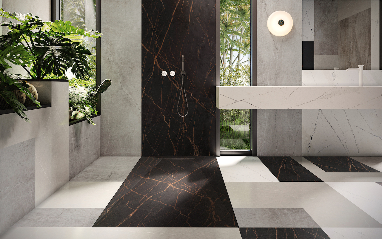 The Collage balances contrasting colours to create a unique moment of holistic harmony with Dekton® Soke and Laurent, Silestone® Eternal Serena and Ethereal Noctis, as well as Simplicity washbasin and Rainfloor shower tray.