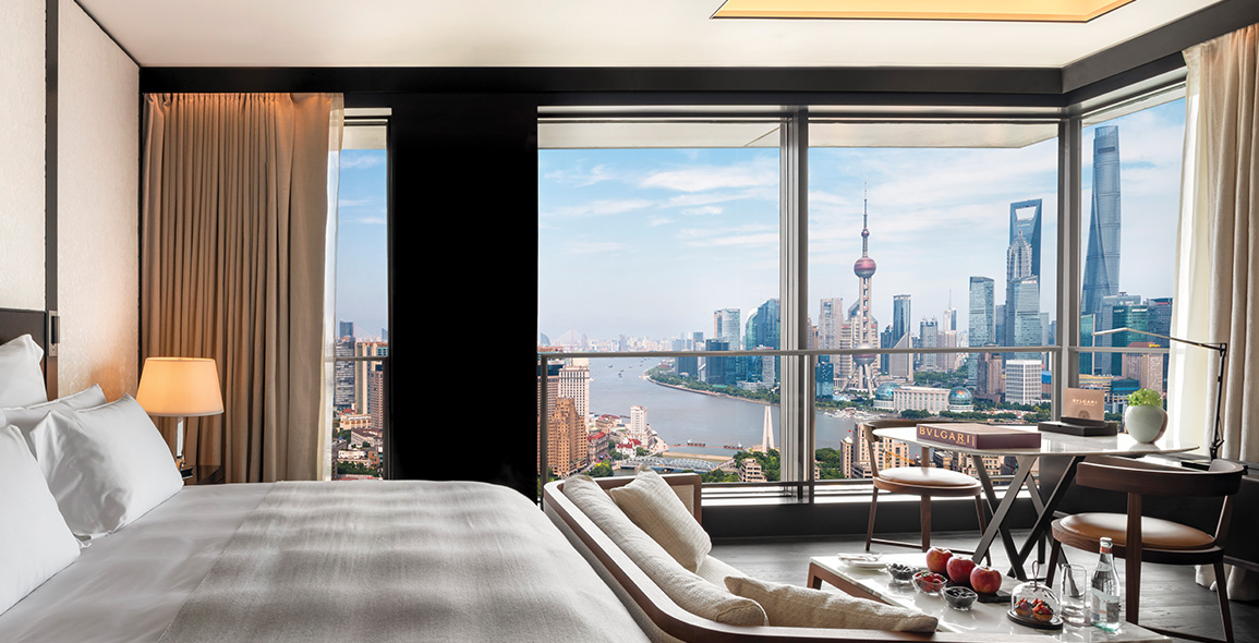 Floor-to-ceiling windows in the rooms offer spectacular views of the Bund, one of the most recognisable symbols of Shanghai.