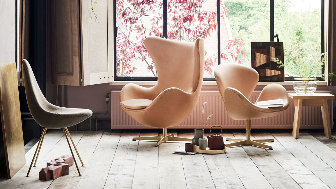 The anniversary editions of the Egg, Swan and Drop chairs by Arne Jacobsen