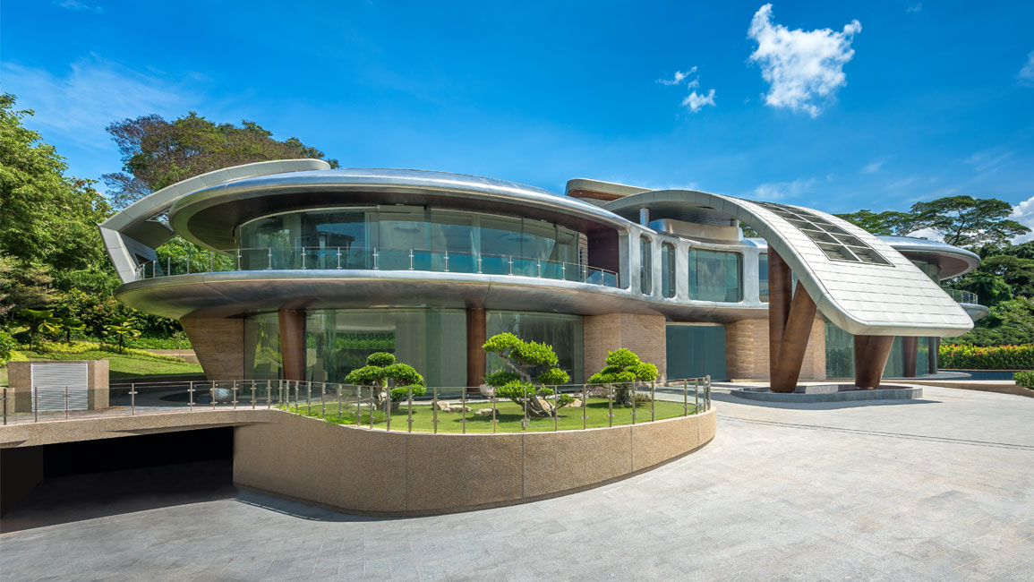 The house is in the shape of two interlocking circular pavilions