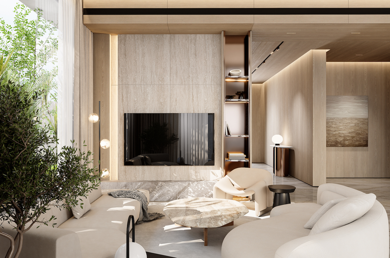 Poliform Saint-Germain sofa, Poliform Le Club armchair, Bocci 84.3 stem floor long lamp, Viccarbe Shape low table