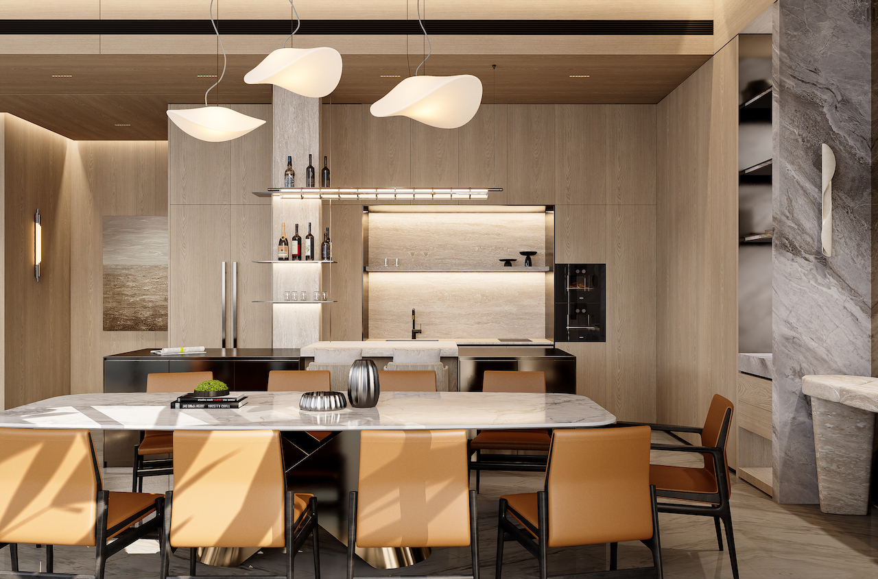 Foscarini Plena suspension lamp (dining), Flos Luce Orizzontale suspension lamp (island), Poliform Phoenix kitchen (stainless steel top), Poliform Ipanema chair