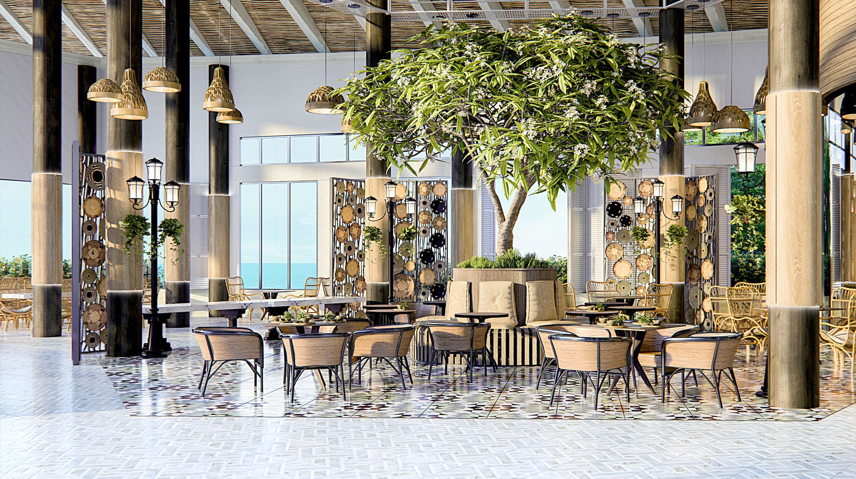 A rendering of the all-day dining restaurant shows how the outdoors have been incorporated into the interior design and layout