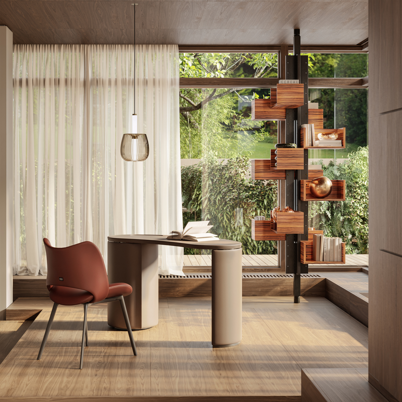 Albero bookcase in the special GFF100 edition by Gianfranco Frattini, Stock ’n Roll console and Nymph Air by Sebastian Herkner