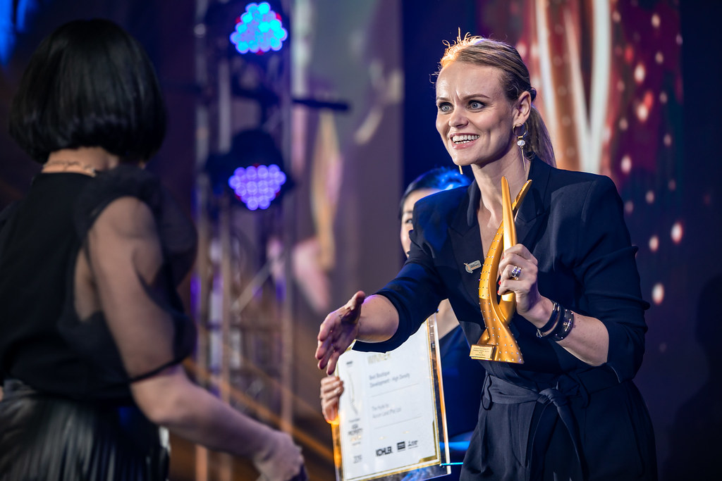 Kristin Thorsteins, head of partnerships for SEA at IWG PLC, presents an award at the most recent black-tie gala dinner of the PropertyGuru Asia Property Awards (Singapore) series. She serves as chairperson of the independent panel of judges for the awards programme