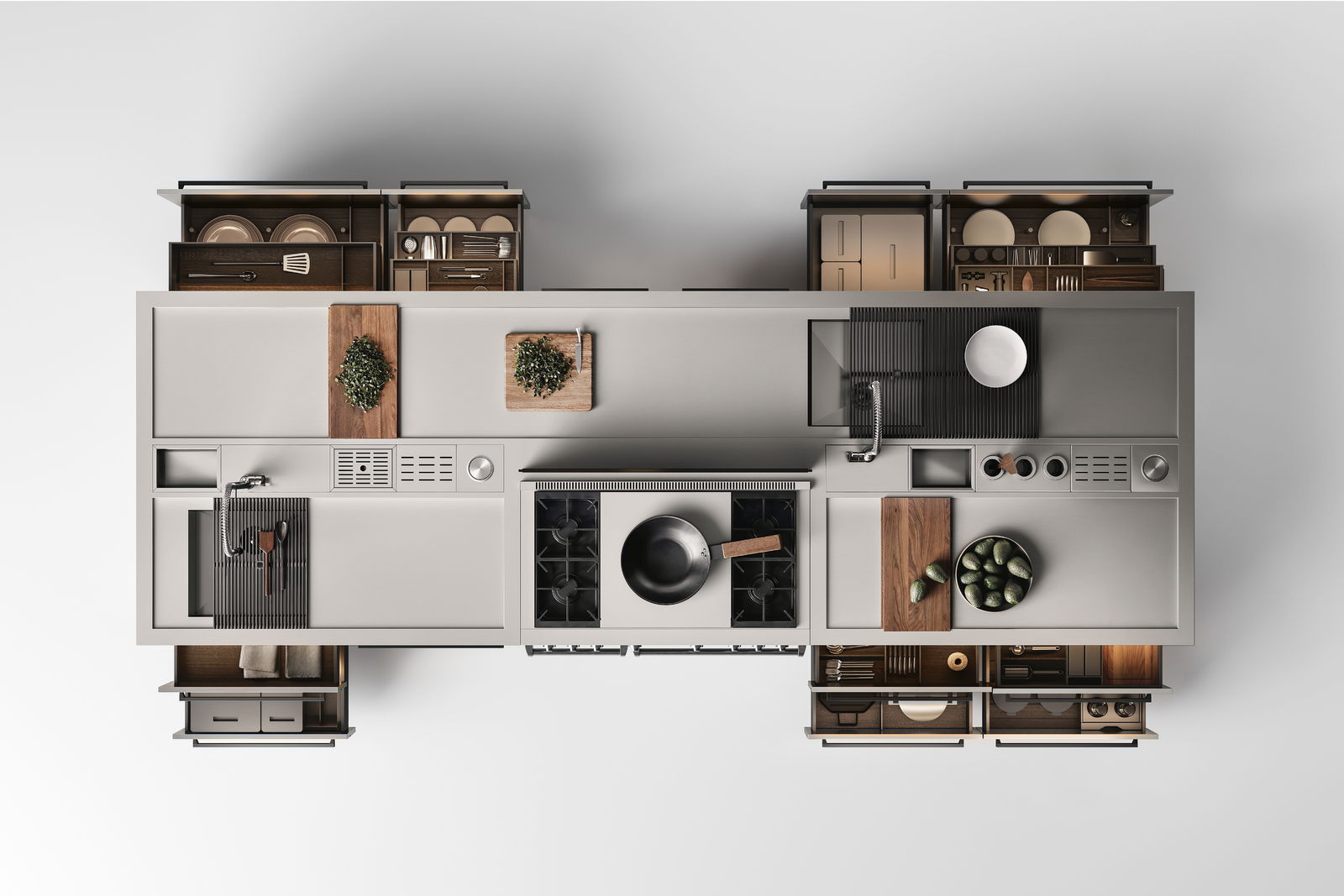 The Proxima kitchen by Arclinea comprises of spacious workspaces and modular storage units fit for a home setting