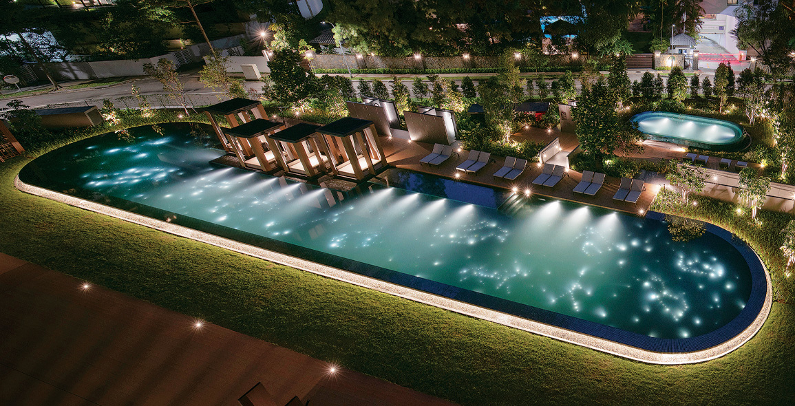 This 50m Constellation Pool is lit at night with an LED map of the 12 astrological signs.